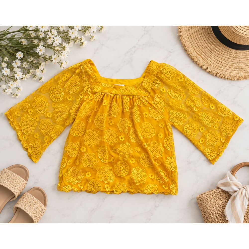 EMBER Women's L Mustard Yellow Lace Floral Blouse Boho Top NWT